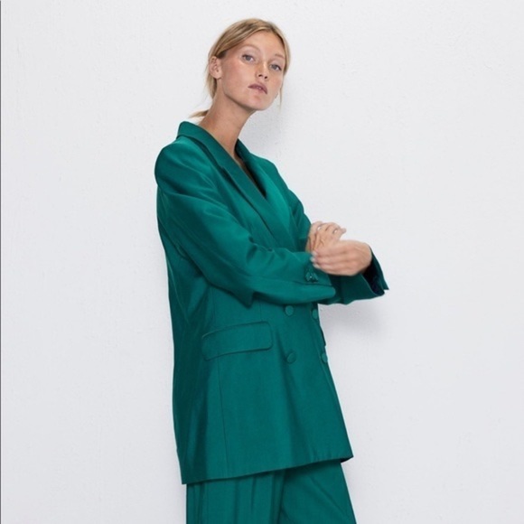 Zara Long Buttoned Blazer in Green Blue - Picture 4 of 16